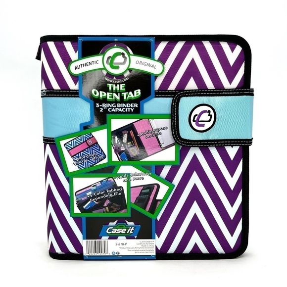 Case-It “The Open Tab” 2” Three Ring Binder Purple White Chevron w/Pink New NWT - Picture 6 of 6